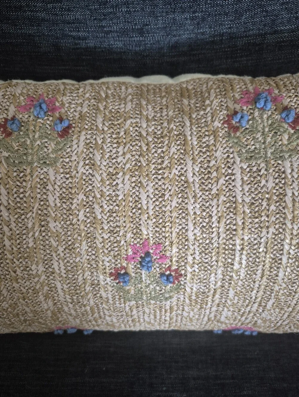 Decorative Beige Woven Lumbar Pillow with Pink Tassels